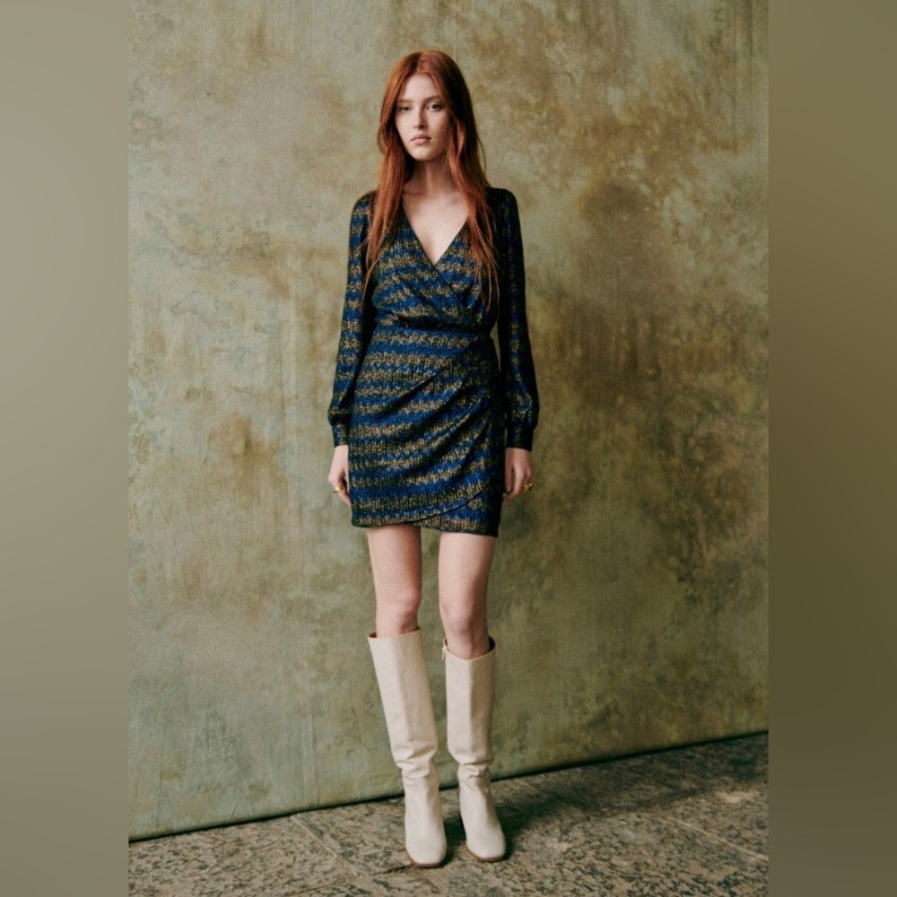 SEZANE CATALYA Long Sleeve Mini DRESS NAVY BLACK & GOLD Metallic 36 US small